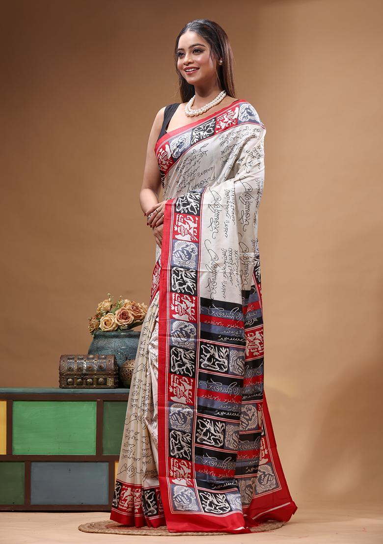 Off White Hand Painted Silk Saree Set - Indya