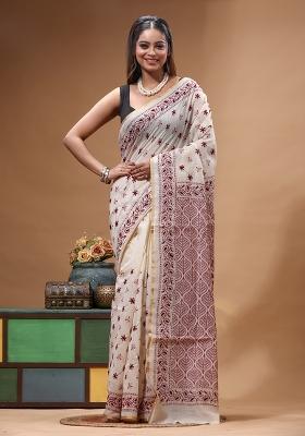 Beige Embroidery Cotton Saree Set