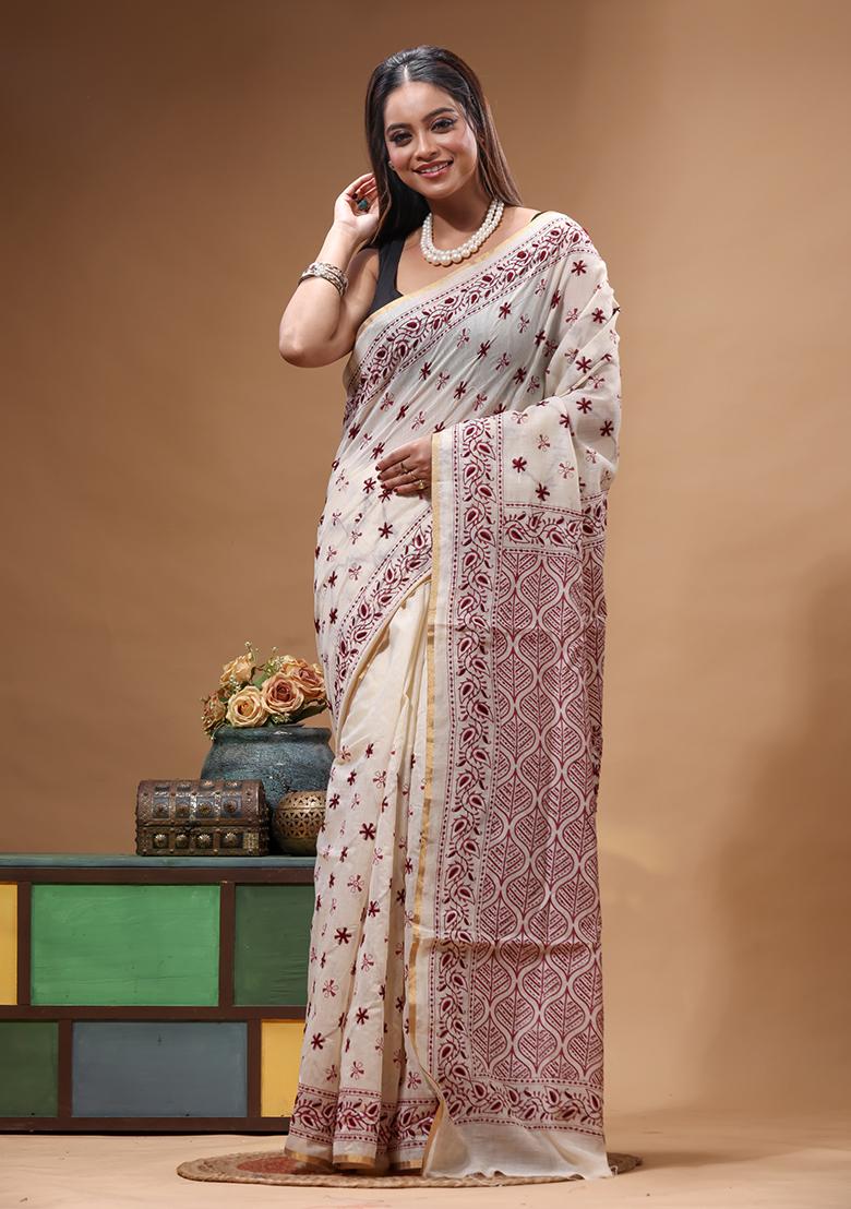 Beige Embroidery Cotton Saree Set - Indya