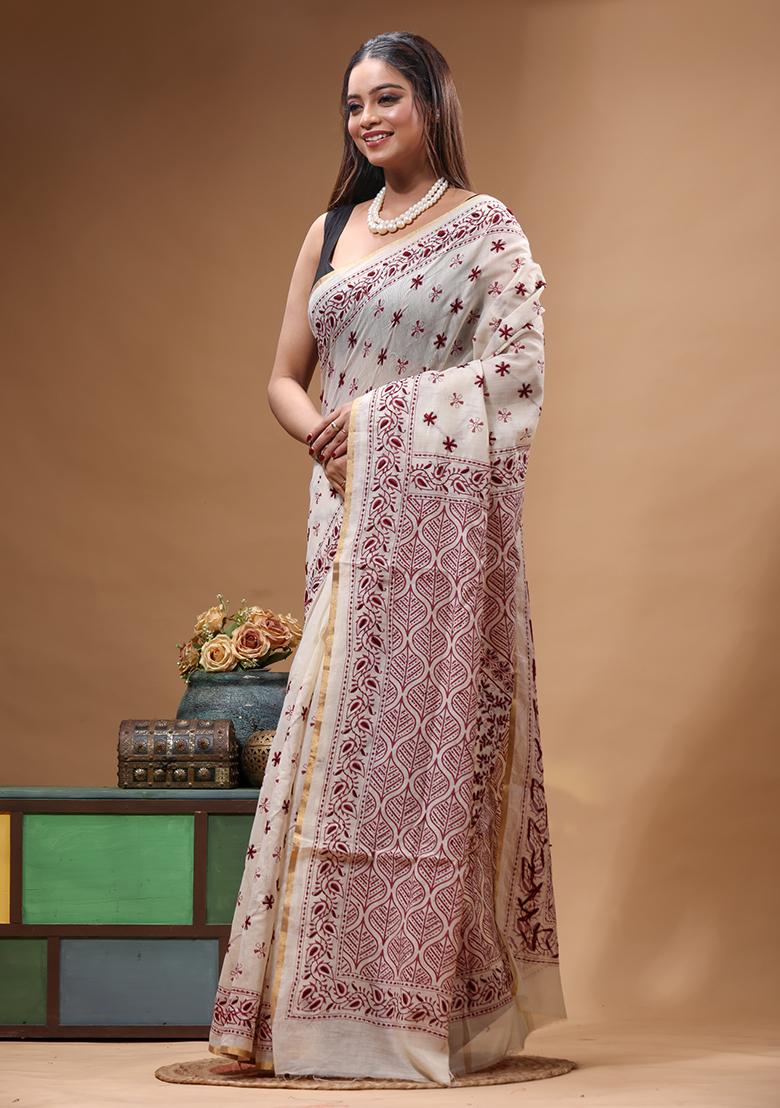Beige Embroidery Cotton Saree Set - Indya