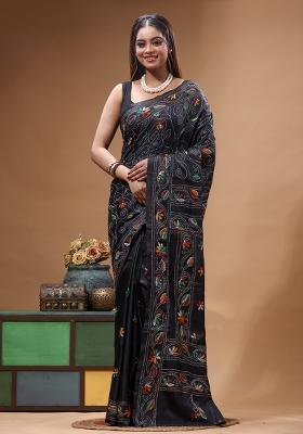 Black Embroidery Silk Saree Set