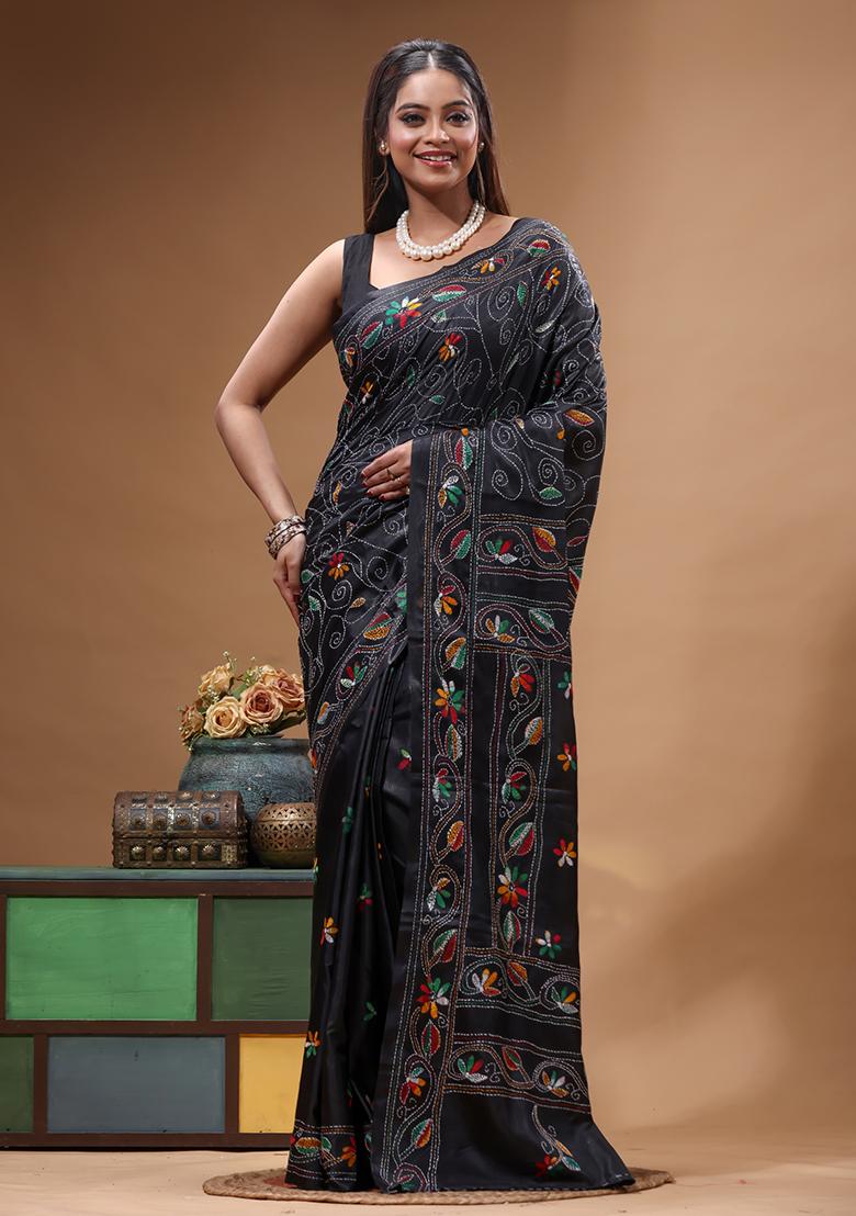 Black Embroidery Silk Saree Set - Indya