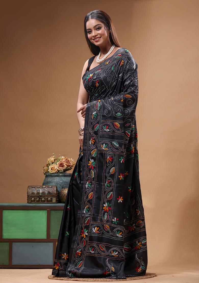 Black Embroidery Silk Saree Set - Indya