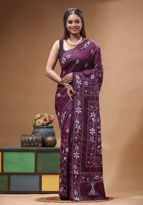 Purple Embroidery Silk Saree Set