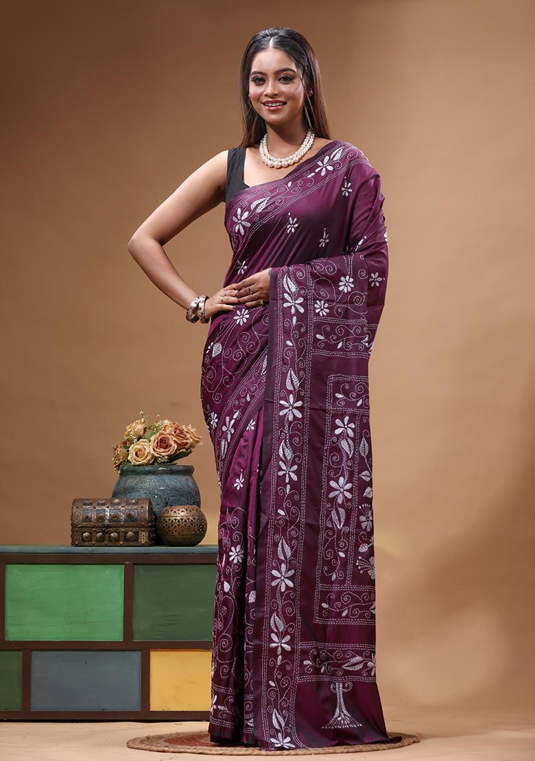 Purple Embroidery Silk Saree Set - Indya