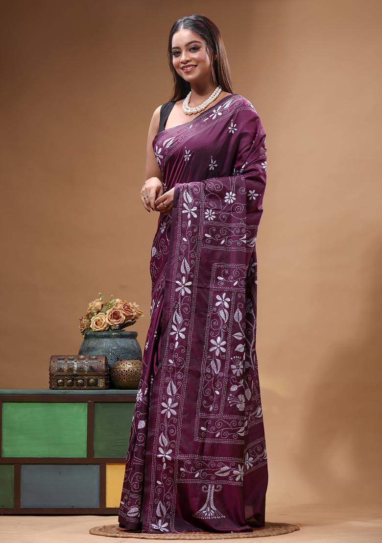 Purple Embroidery Silk Saree Set - Indya