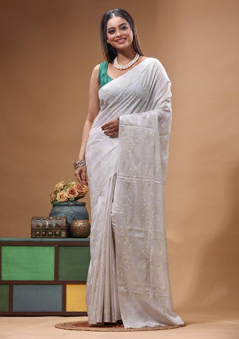 Off White Embroidery Silk Saree Set - Indya