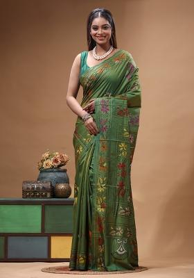 Green Embroidery Silk Saree Set