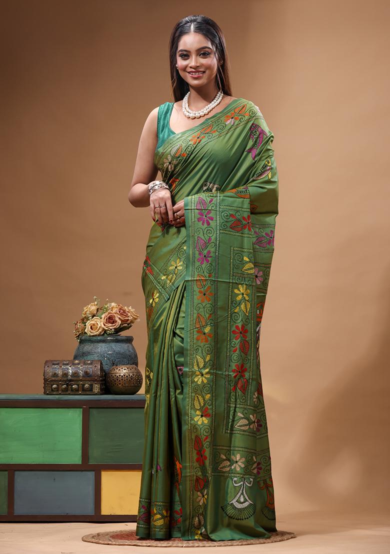 Green Embroidery Silk Saree Set - Indya