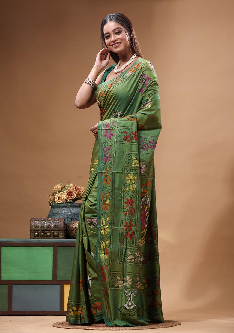 Green Embroidery Silk Saree Set - Indya