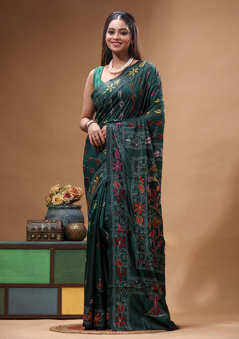 Green Embroidery Silk Saree Set - Indya