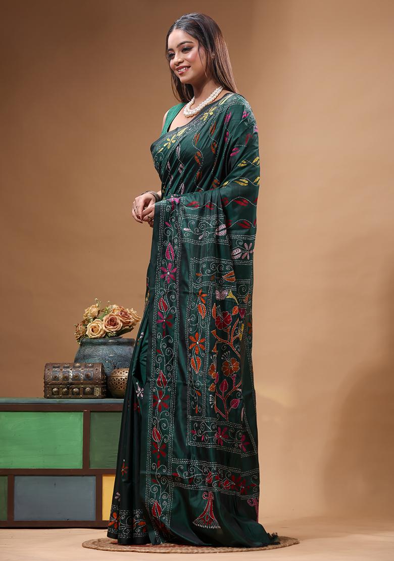 Green Embroidery Silk Saree Set - Indya