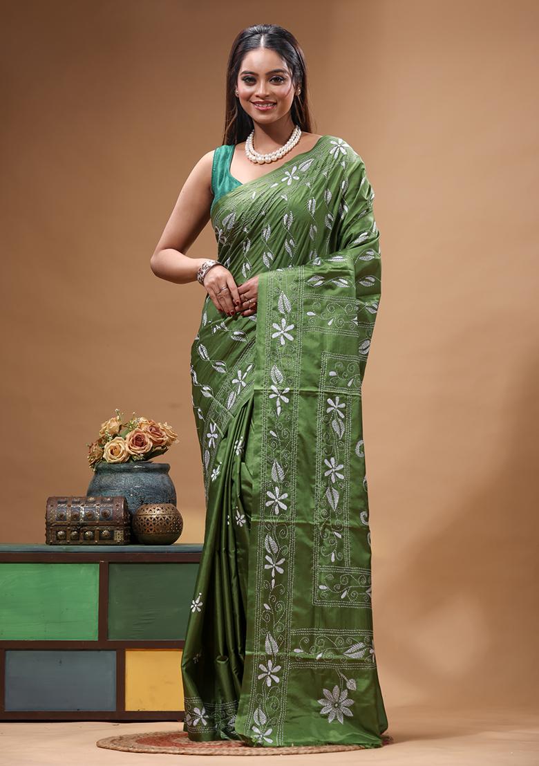 Green Embroidery Silk Saree Set - Indya