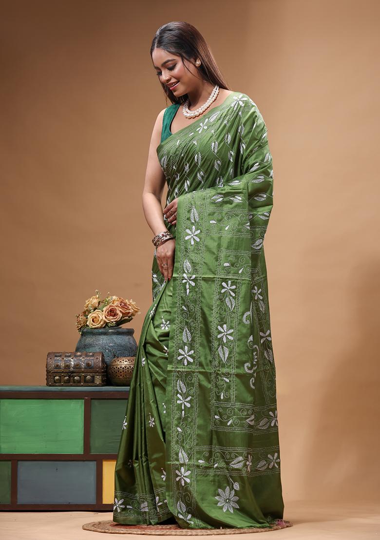 Green Embroidery Silk Saree Set - Indya