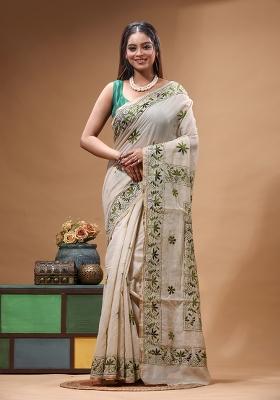 Beige Embroidery Cotton Saree Set
