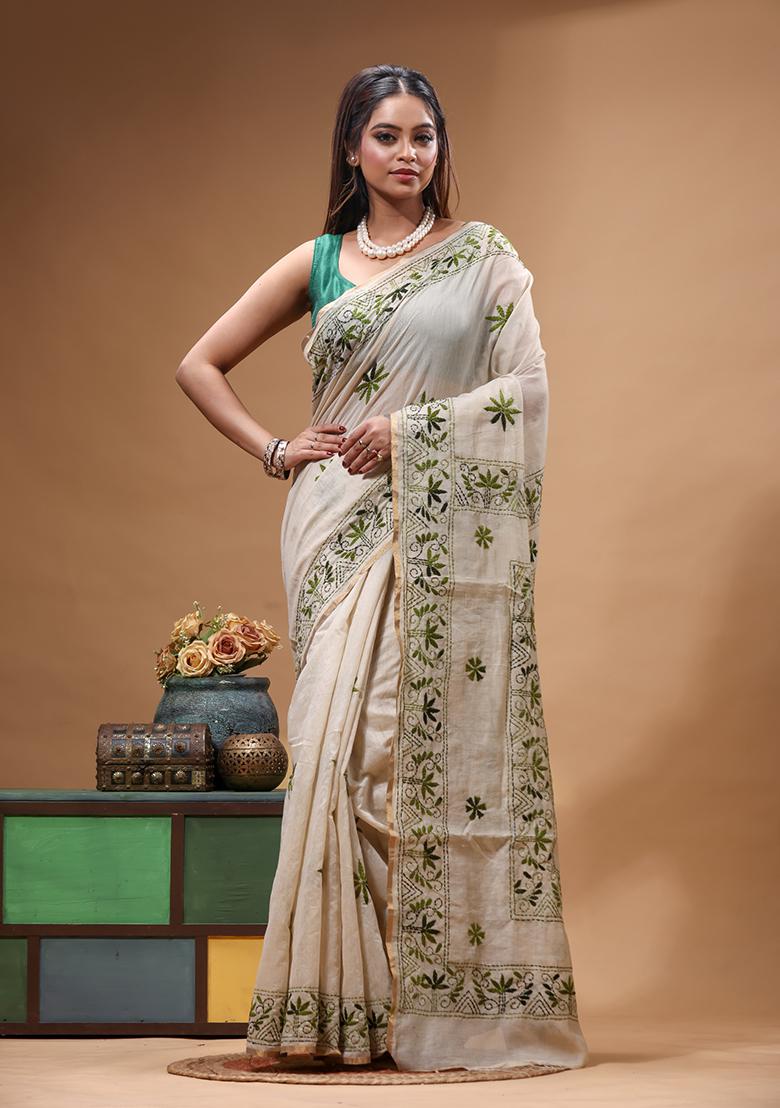 Beige Embroidery Cotton Saree Set - Indya