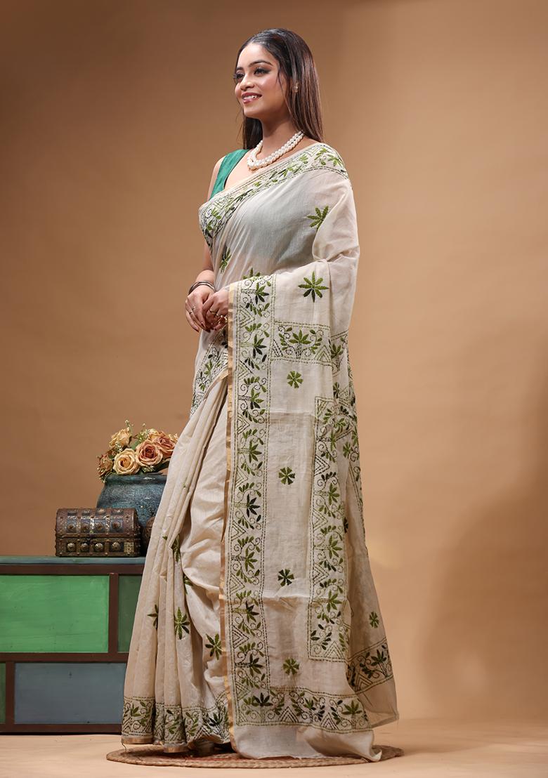 Beige Embroidery Cotton Saree Set - Indya