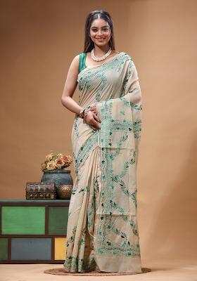Beige Embroidery Cotton Saree Set