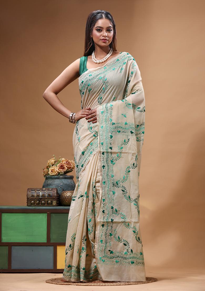 Beige Embroidery Cotton Saree Set - Indya