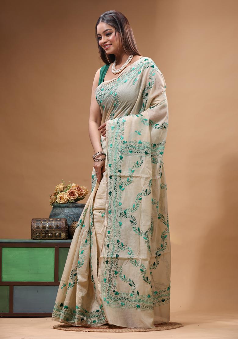 Beige Embroidery Cotton Saree Set - Indya