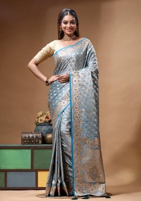 Blue Sequin Work Silk Saree Set