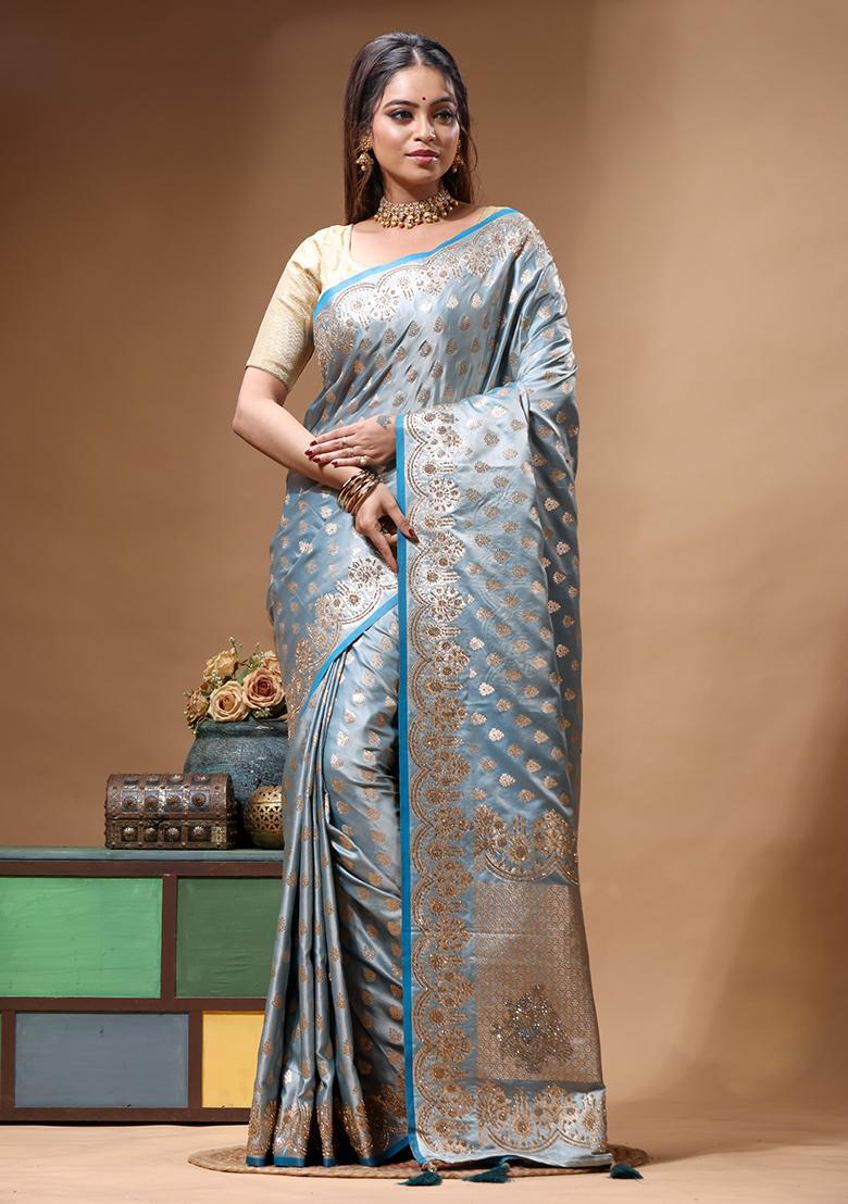 Blue Sequin Work Silk Saree Set - Indya