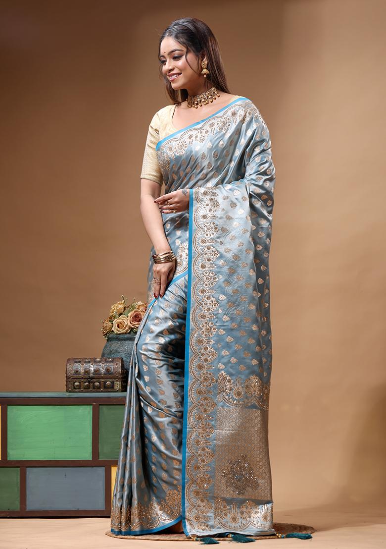 Blue Sequin Work Silk Saree Set - Indya