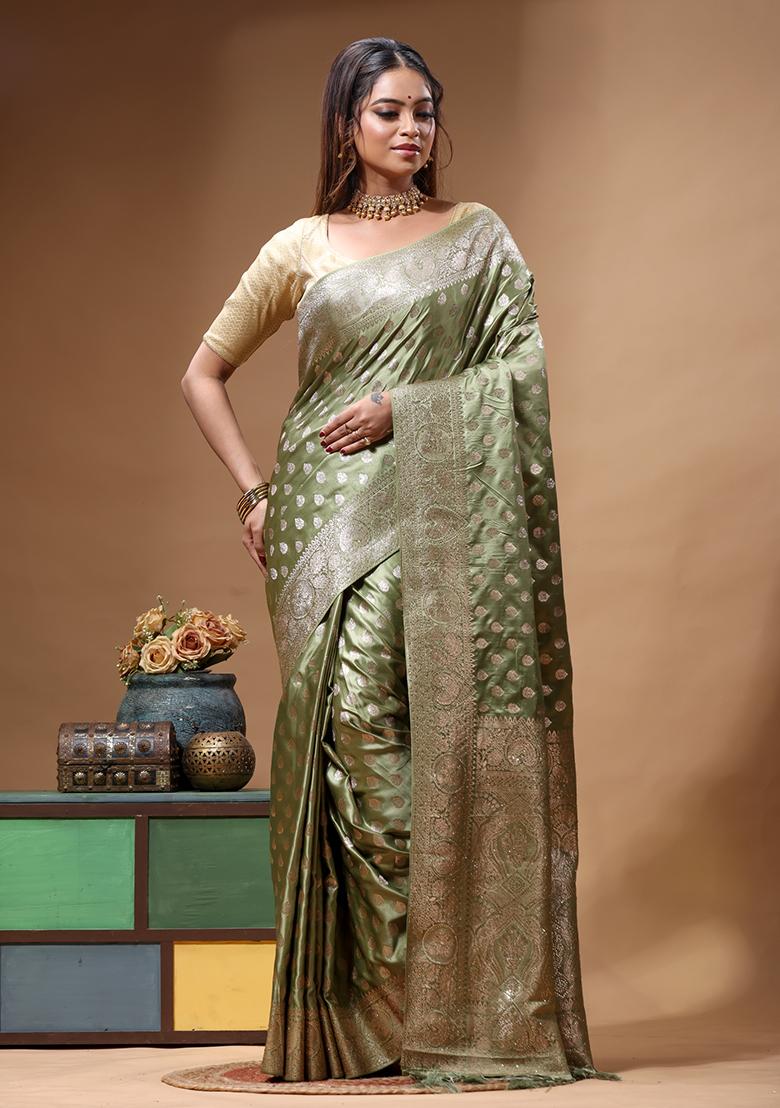 Green Sequin Work Silk Saree Set - Indya