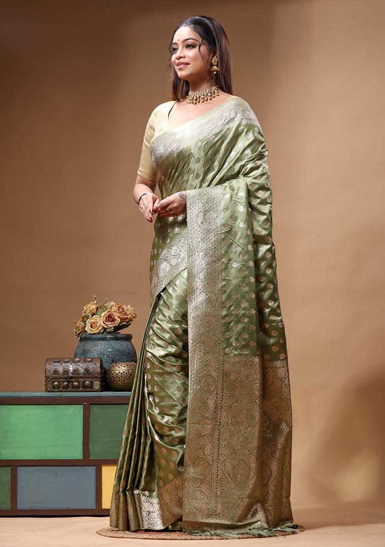 Green Sequin Work Silk Saree Set - Indya