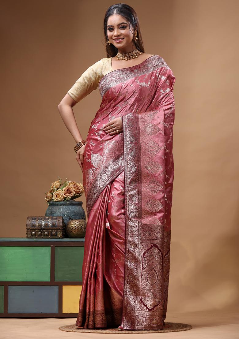 Pink Sequin Work Silk Saree Set - Indya