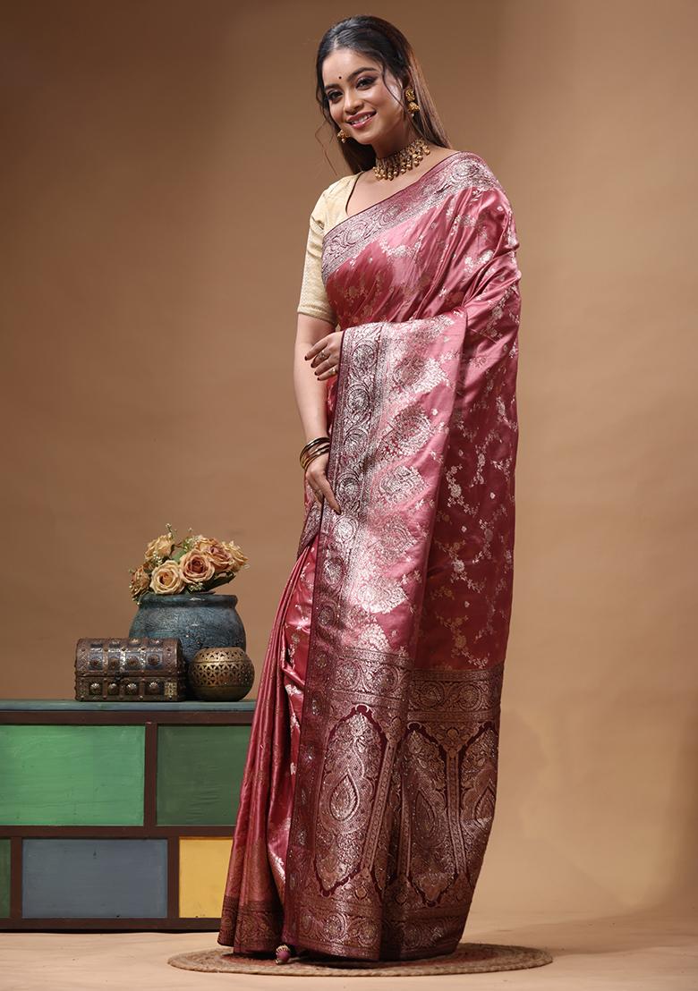 Pink Sequin Work Silk Saree Set - Indya