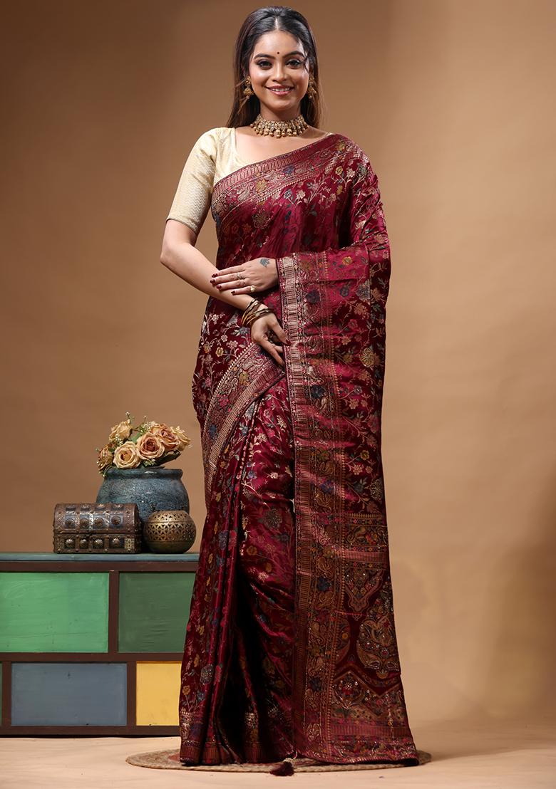 Maroon Sequin Work Silk Saree Set - Indya