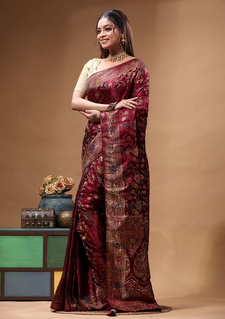 Maroon Sequin Work Silk Saree Set - Indya