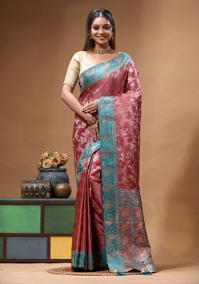 Pink Sequin Work Silk Saree Set
