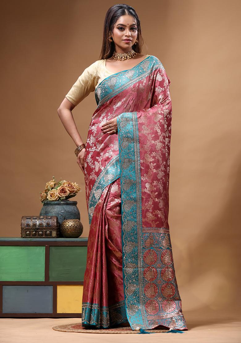 Pink Sequin Work Silk Saree Set - Indya