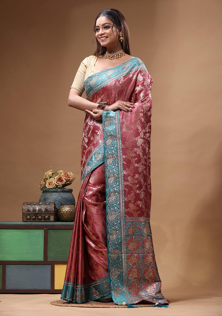 Pink Sequin Work Silk Saree Set - Indya