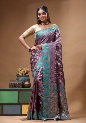 Purple Sequin Work Silk Saree Set