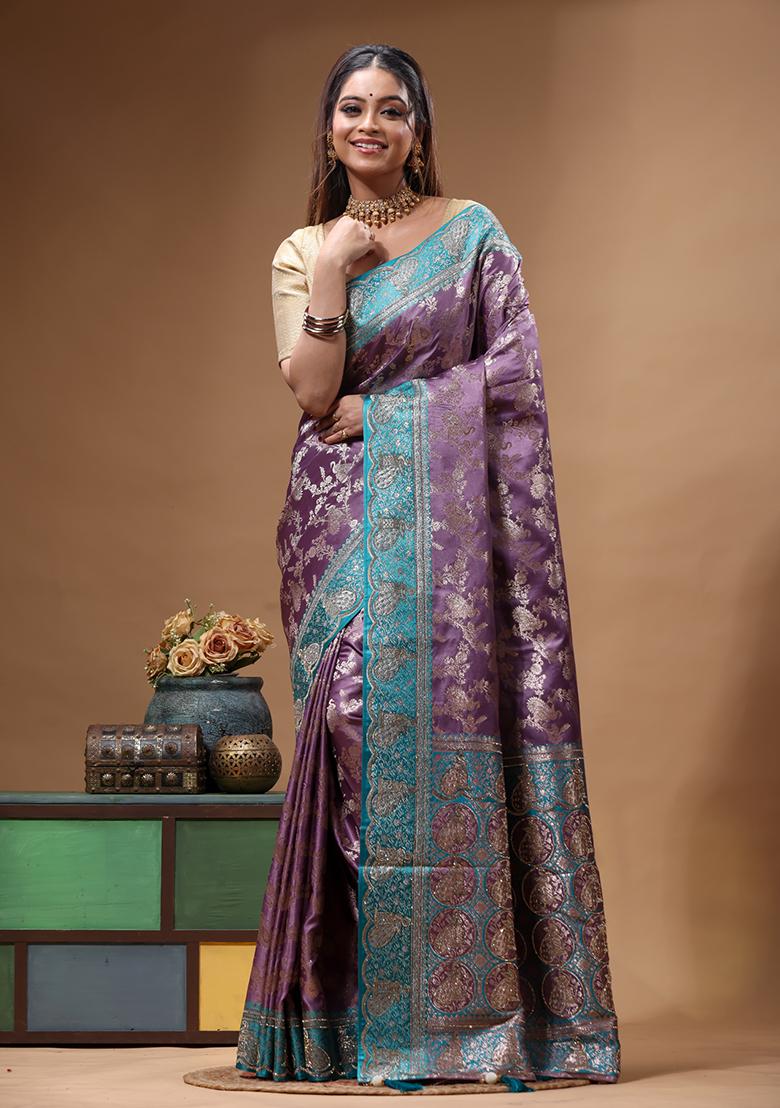 Purple Sequin Work Silk Saree Set - Indya