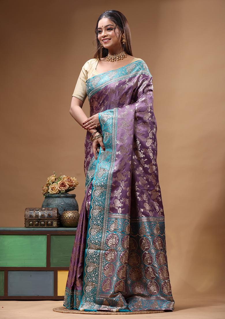 Purple Sequin Work Silk Saree Set - Indya