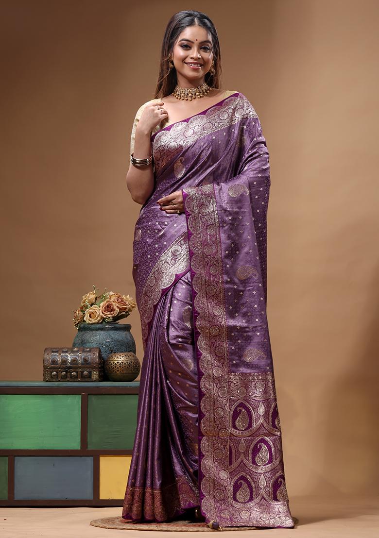 Purple Sequin Work Silk Saree Set - Indya