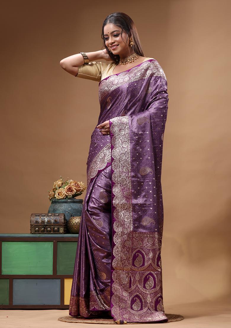 Purple Sequin Work Silk Saree Set - Indya