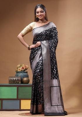 Black Woven Design Silk Saree Set