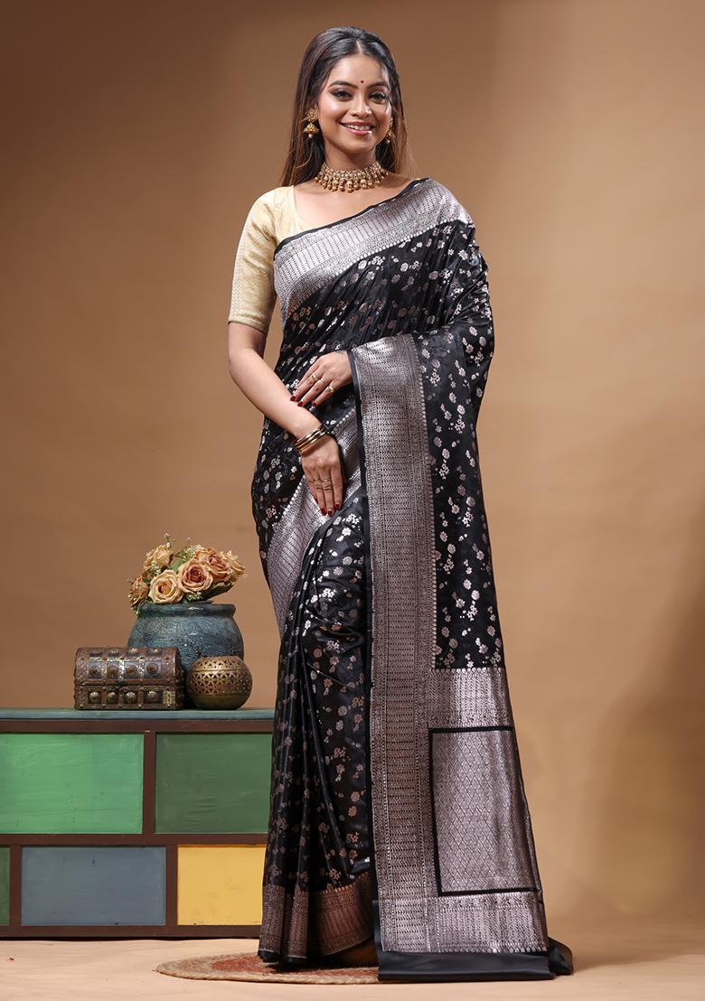 Black Woven Design Silk Saree Set - Indya