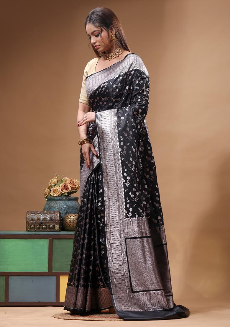 Black Woven Design Silk Saree Set - Indya