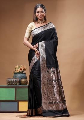 Black Woven Design Silk Saree Set