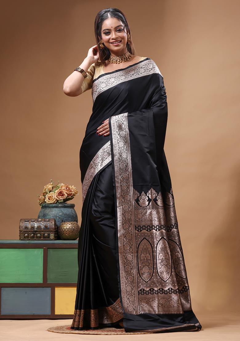 Black Woven Design Silk Saree Set - Indya