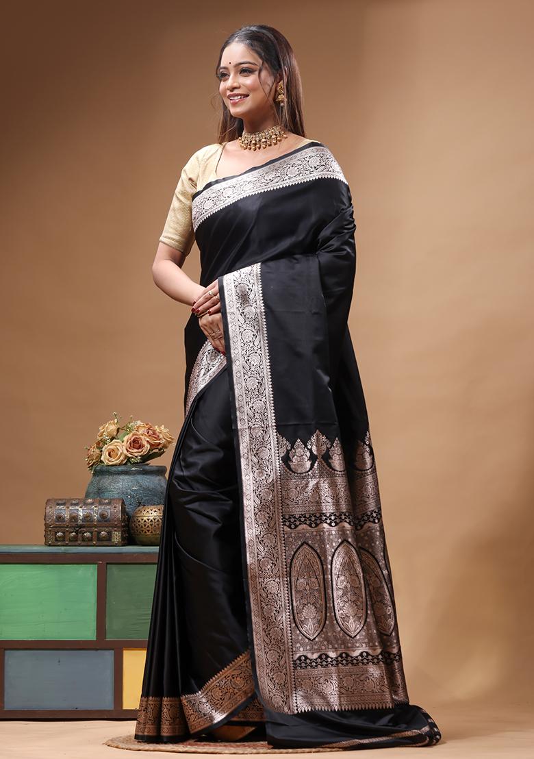 Black Woven Design Silk Saree Set - Indya
