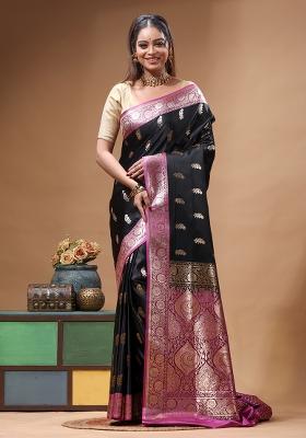 Black Woven Design Silk Saree Set