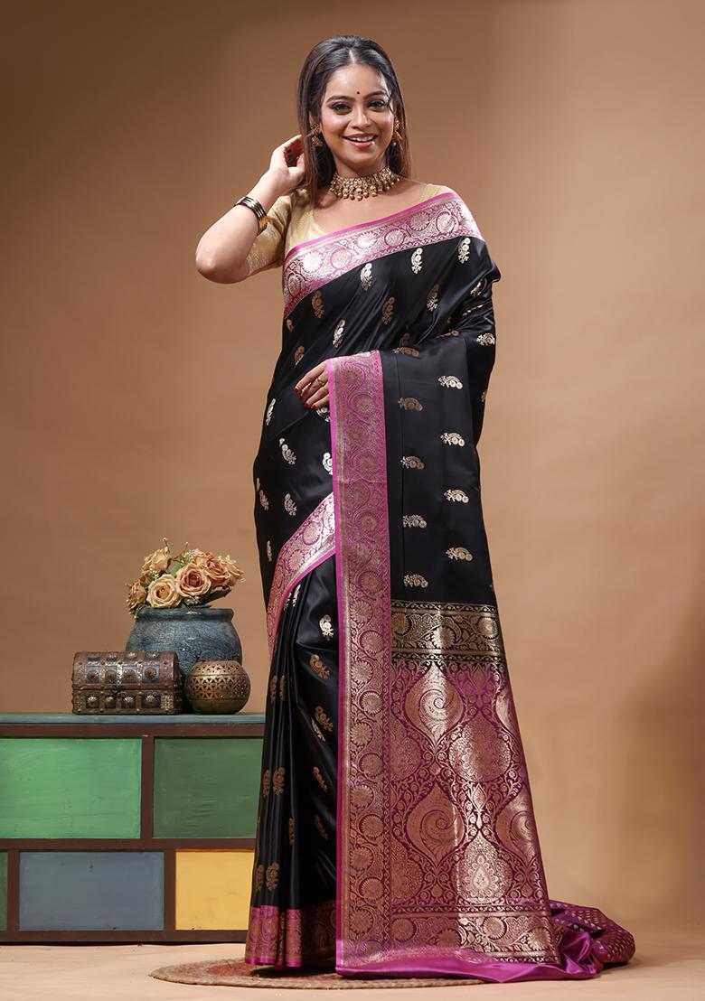 Black Woven Design Silk Saree Set - Indya