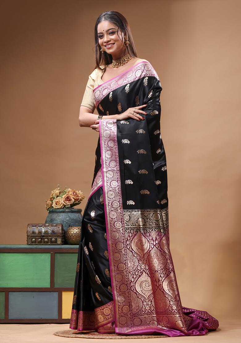 Black Woven Design Silk Saree Set - Indya